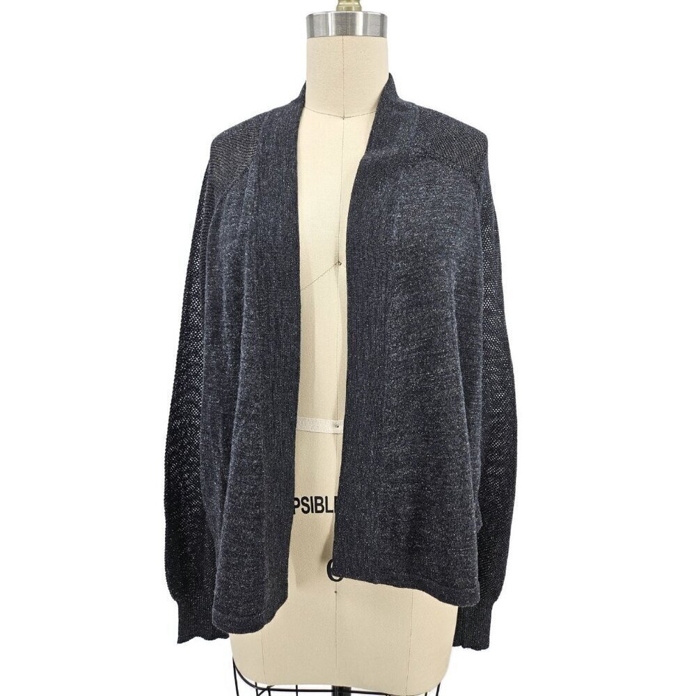 Eileen Fisher Open Front Cardigan Womens XL Merino Wool Blend Black Silver